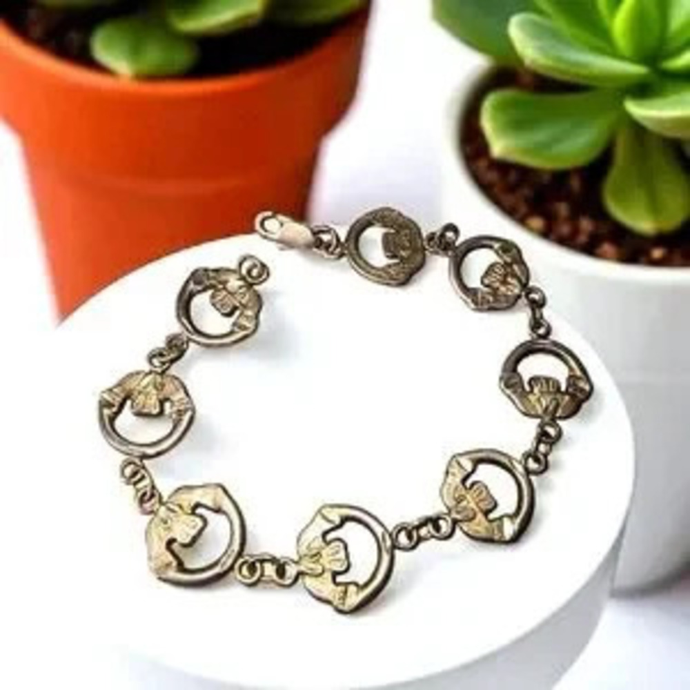 Vintage Sterling Silver Claddagh Flat Link Bracelet